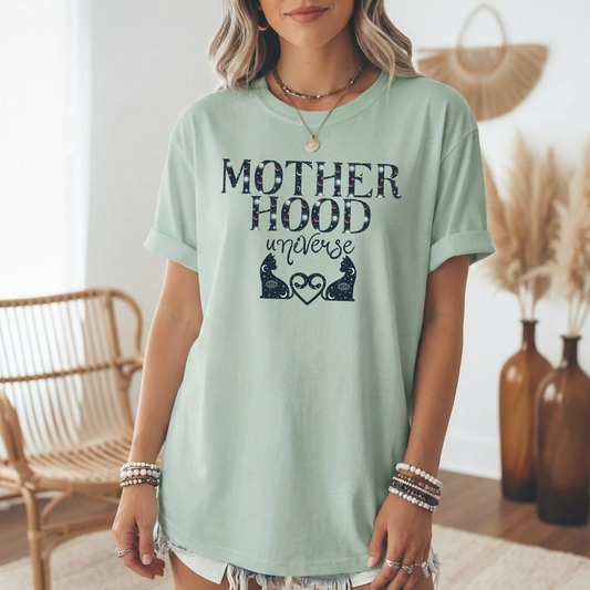 Motherhood Universe Cat Heart T-shirt: Celestial Mom Shirt