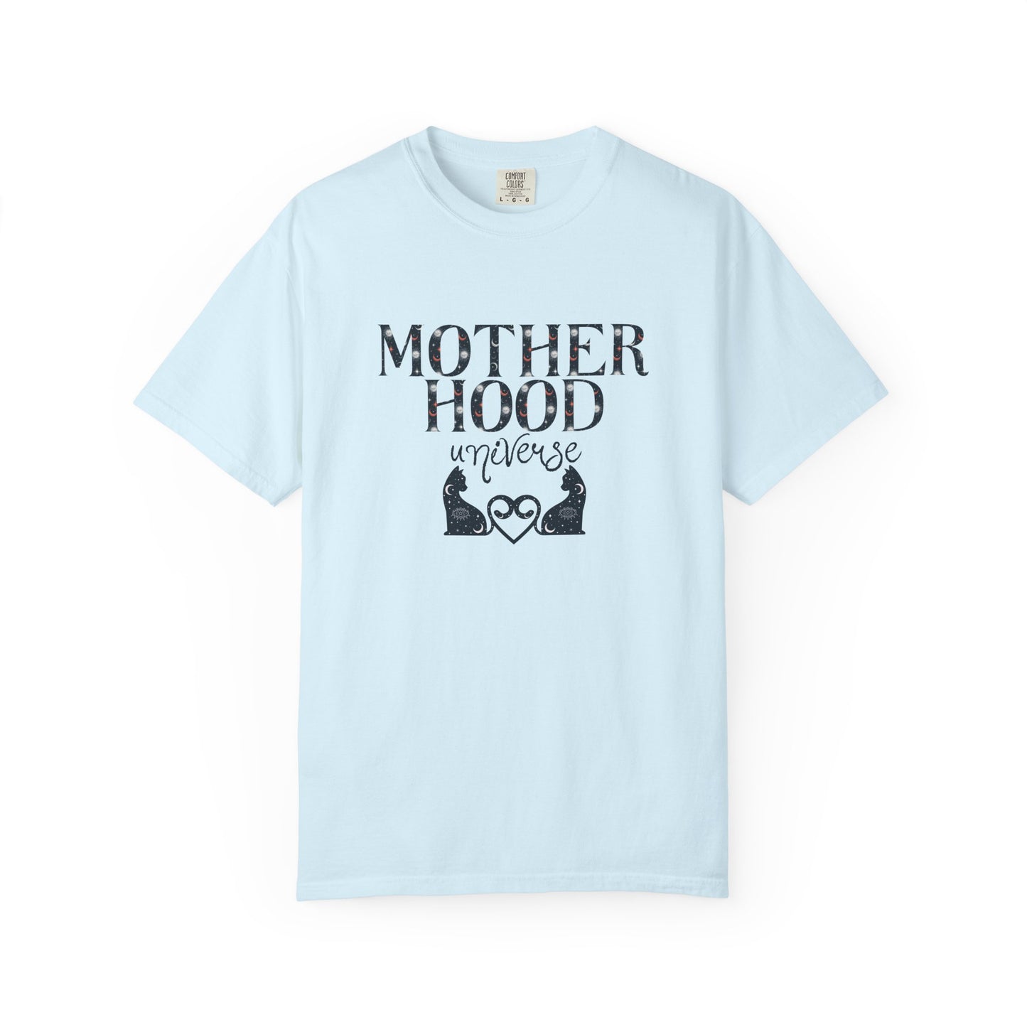 Motherhood Universe Cat Heart T-shirt: Celestial Mom Shirt
