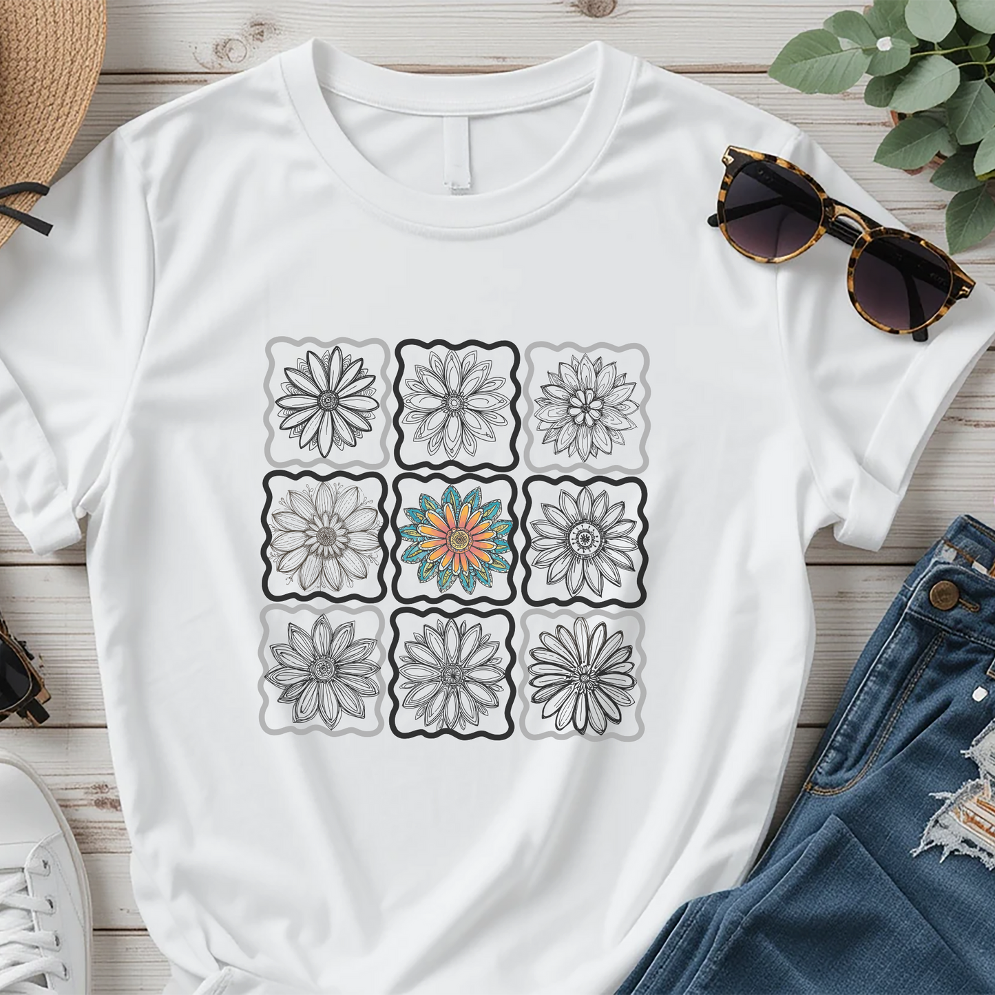 Color‑Pop Floral Grid – Floral Graphic Tee