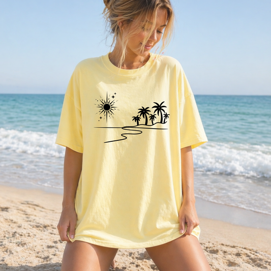 yellow comfort colors t-shirt with beach, sunset, celestial and palm trees design.