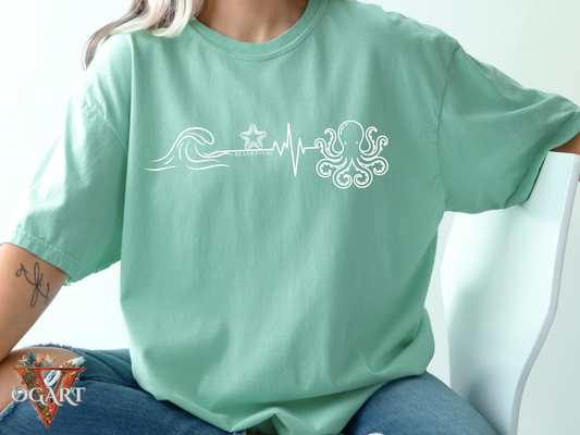 green island reef comfort colors t-shirt with ocean-themed, beach waves, heartbeat, starfish and Octopus design along with a minimalist 'Beach Pulse' text.