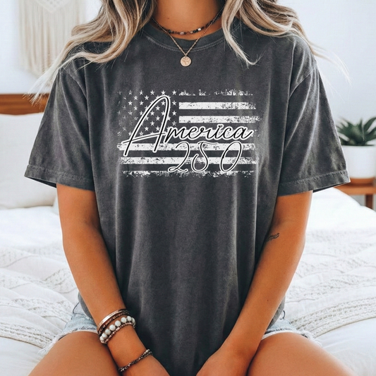 pepper comfort colors t-shirt with American flag design and 'America 250' text.