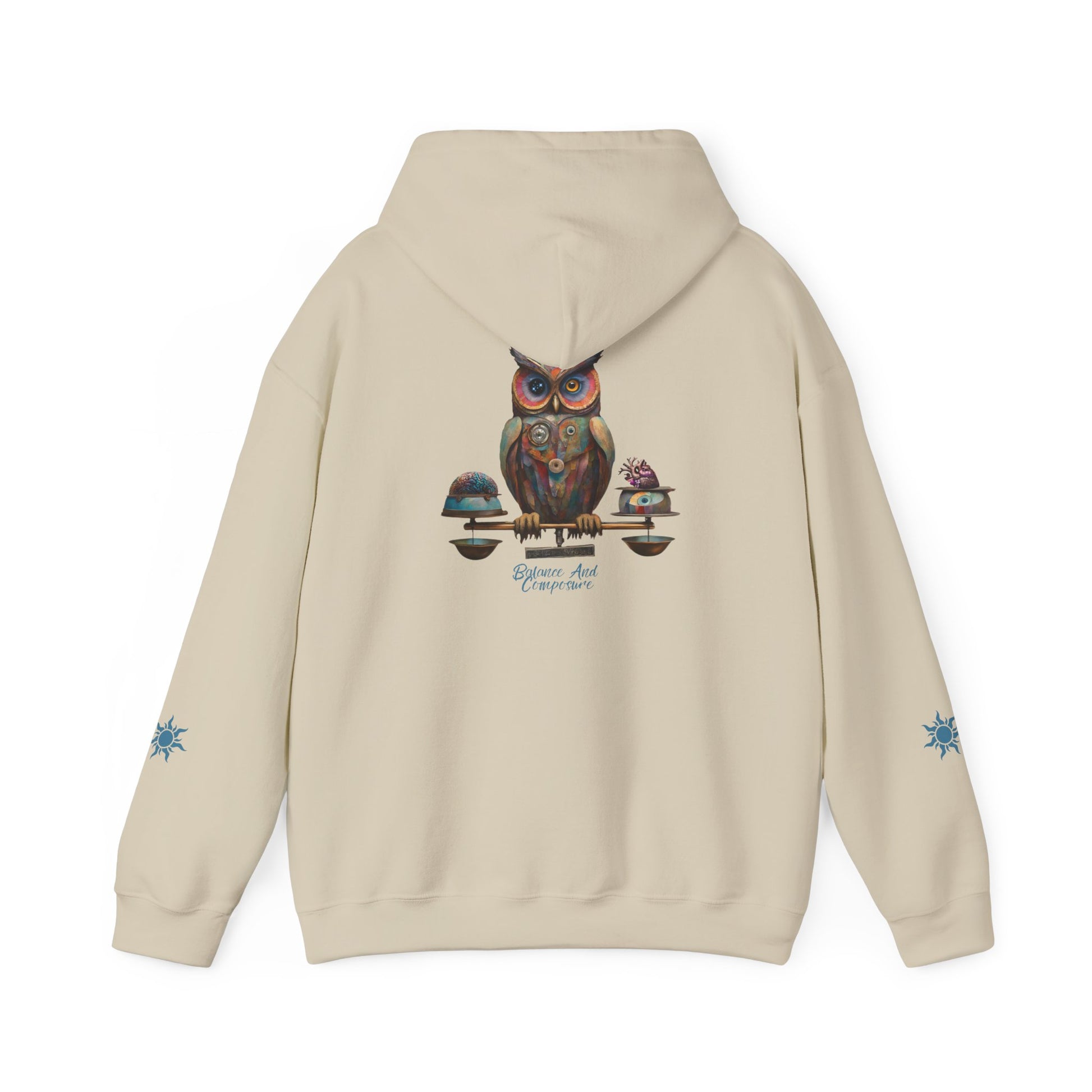 Balance and Composure Owl Hoodie Back And Sleeves Design - Cozy and Warm Cotton - Vogart 