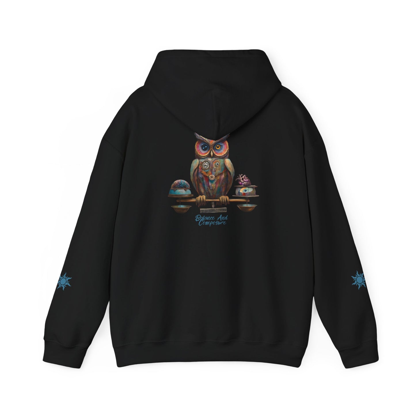 Balance and Composure Owl Hoodie Back And Sleeves Design - Cozy and Warm Cotton - Vogart 