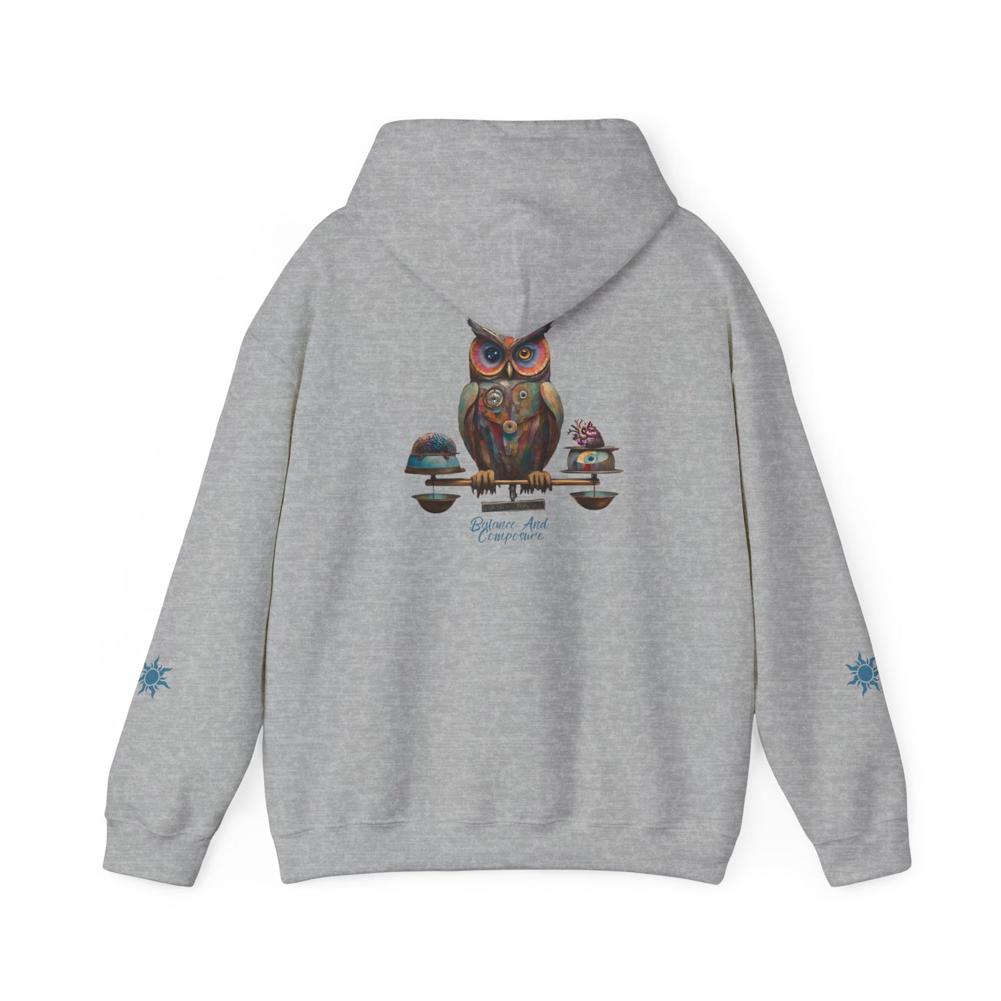 Balance and Composure Owl Hoodie Back And Sleeves Design - Cozy and Warm Cotton - Vogart 