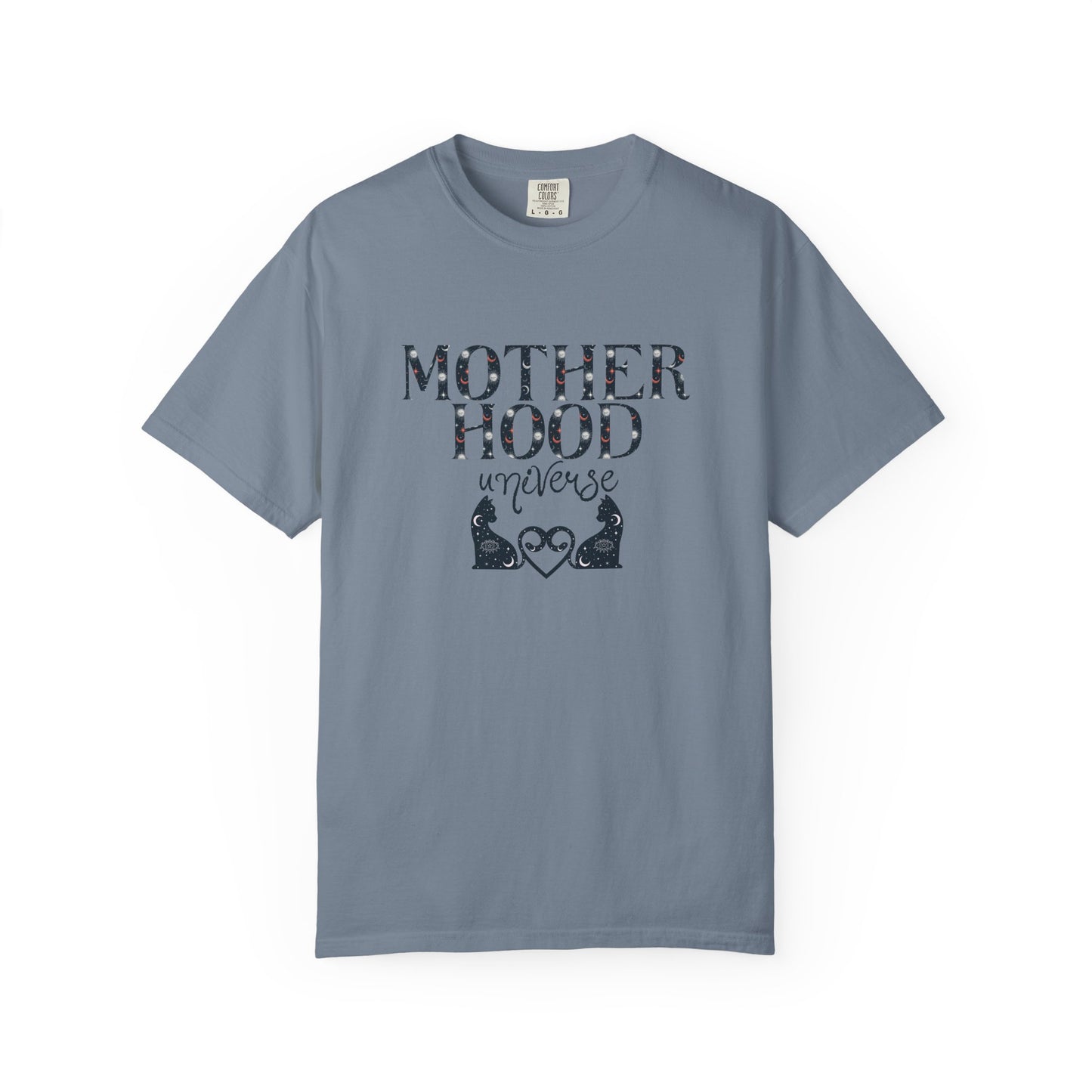 Motherhood Universe Cat Heart T-shirt: Celestial Mom Shirt