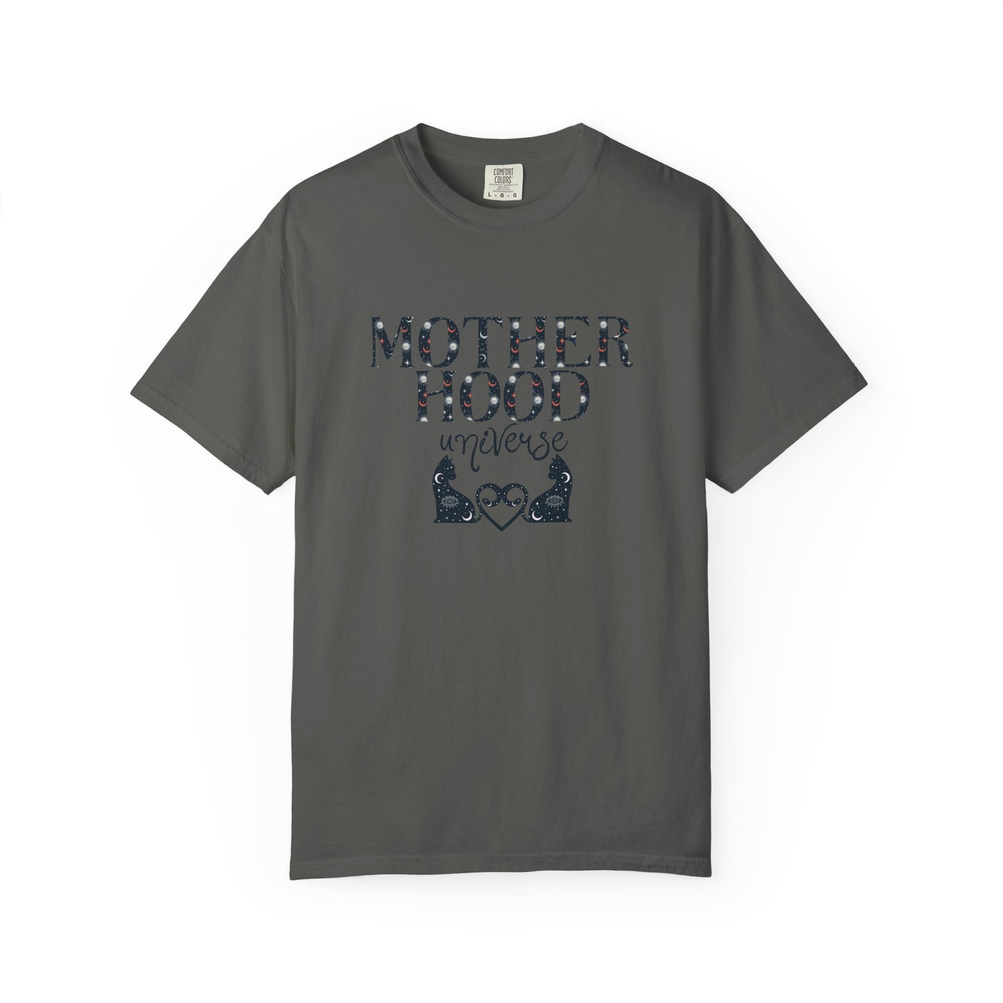 Motherhood Universe Cat Heart T-shirt: Celestial Mom Shirt