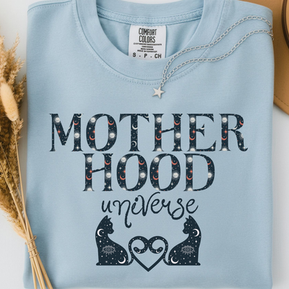 Motherhood Universe Cat Heart T-shirt: Celestial Mom Shirt