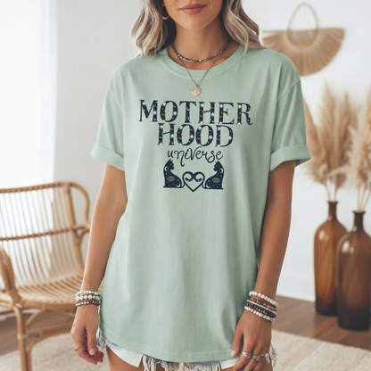 Motherhood Universe Cat Heart T-shirt: Celestial Mom Shirt