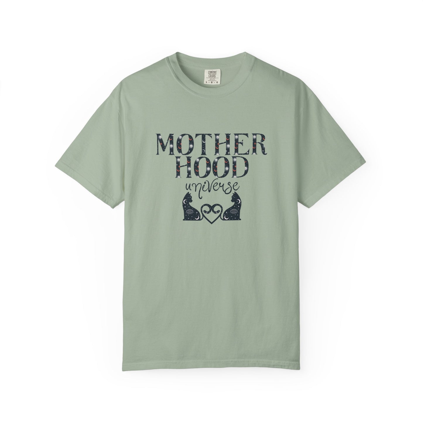 Motherhood Universe Cat Heart T-shirt: Celestial Mom Shirt