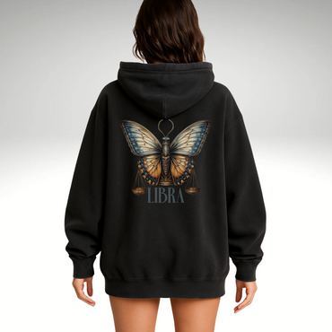 Libra Zodiac Hoodie with Butterfly and Scale Symbol Design