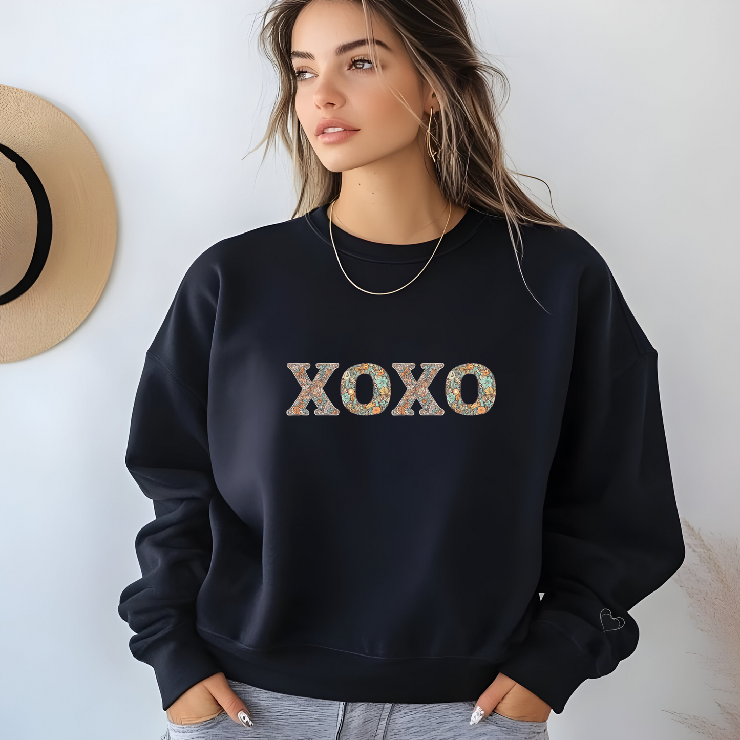 XOXO Floral Sweatshirt With Heart Sleeve - Comfort And Charm