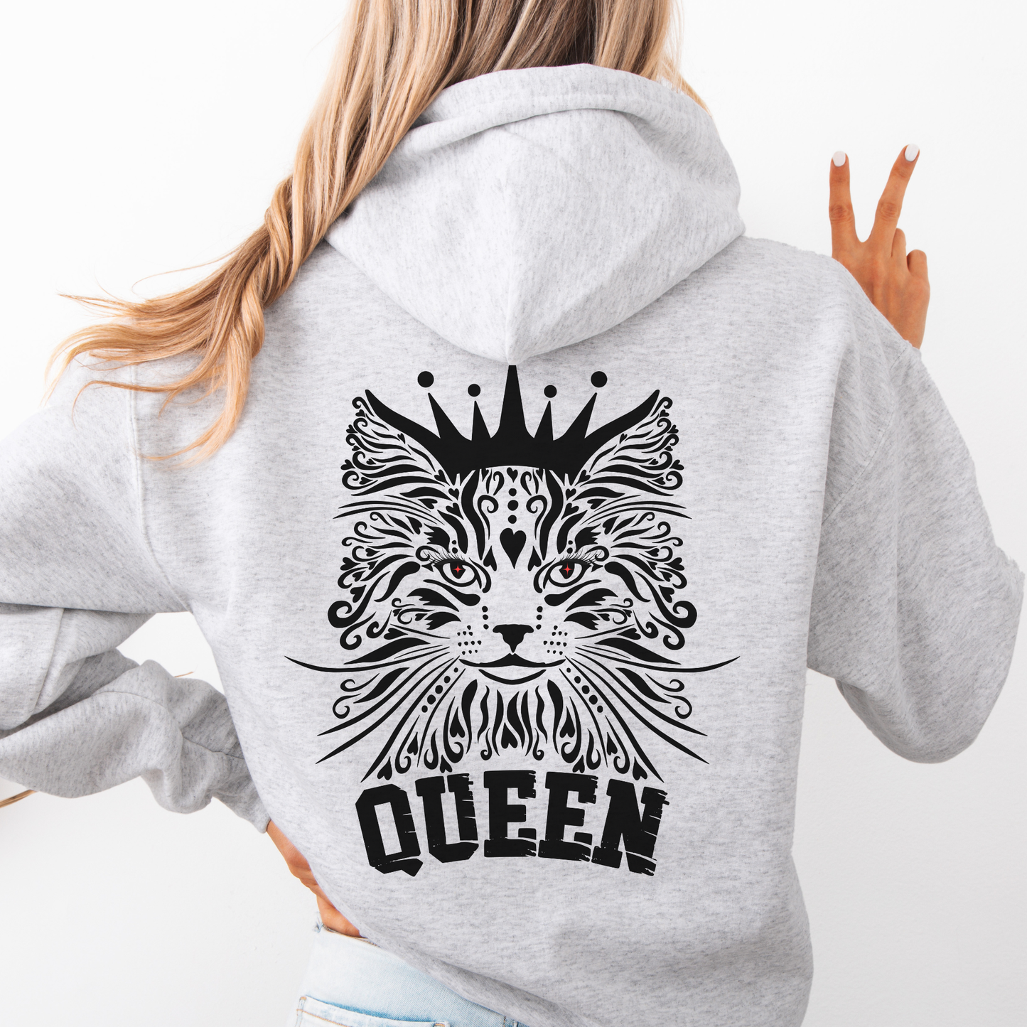 Gray hoodie with a black cat design and 'QUEEN' text on the back. 