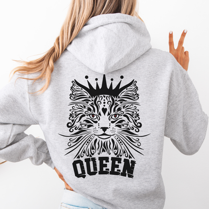 Gray hoodie with a black cat design and 'QUEEN' text on the back. 