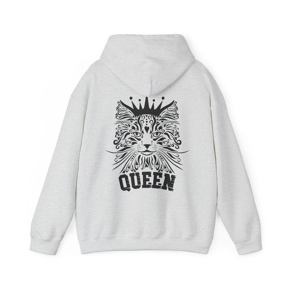 Gray hoodie with a black cat design and 'QUEEN' text on the back. 