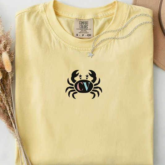 yellow comfort colors t-shirt with a crab graphic on the front and 'Crabby Vibes' text on the back.