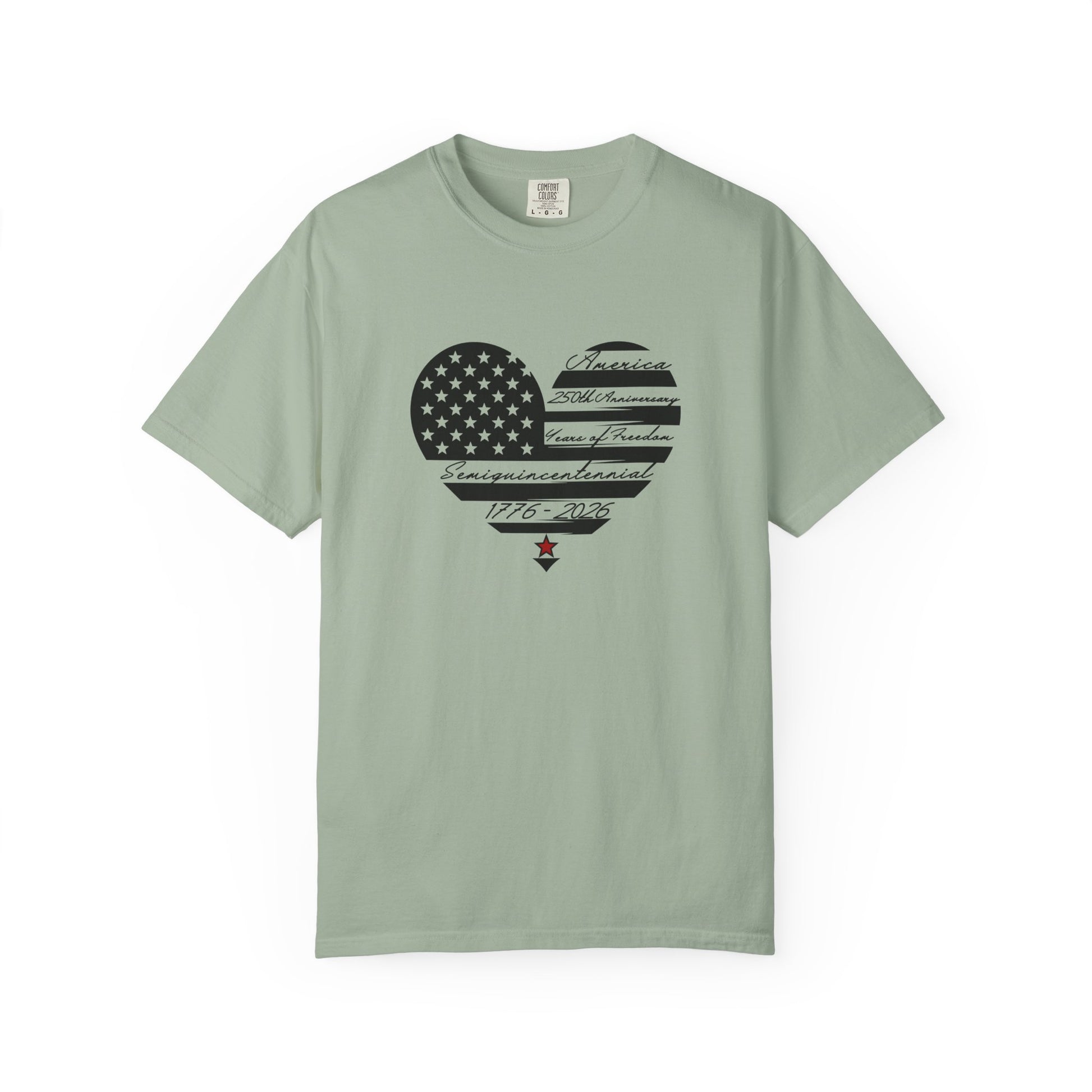 green comfort colors t-shirt with American flag heart design, 250th anniversary, years of freedom and 1776 text . 