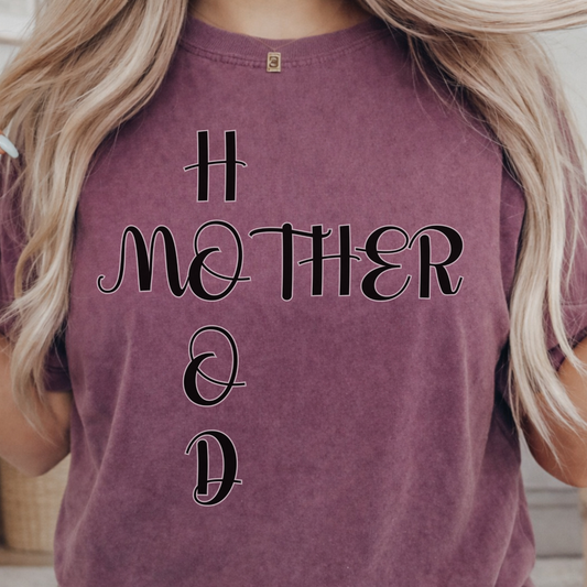 berry comfort colors t-shirt with  'MOTHERHOOD' text. 