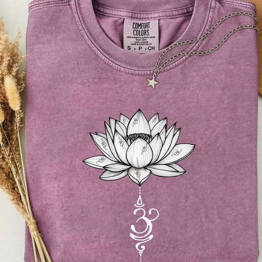 berry comfort colors t-shirt with lotus flower and Om symbol design. 