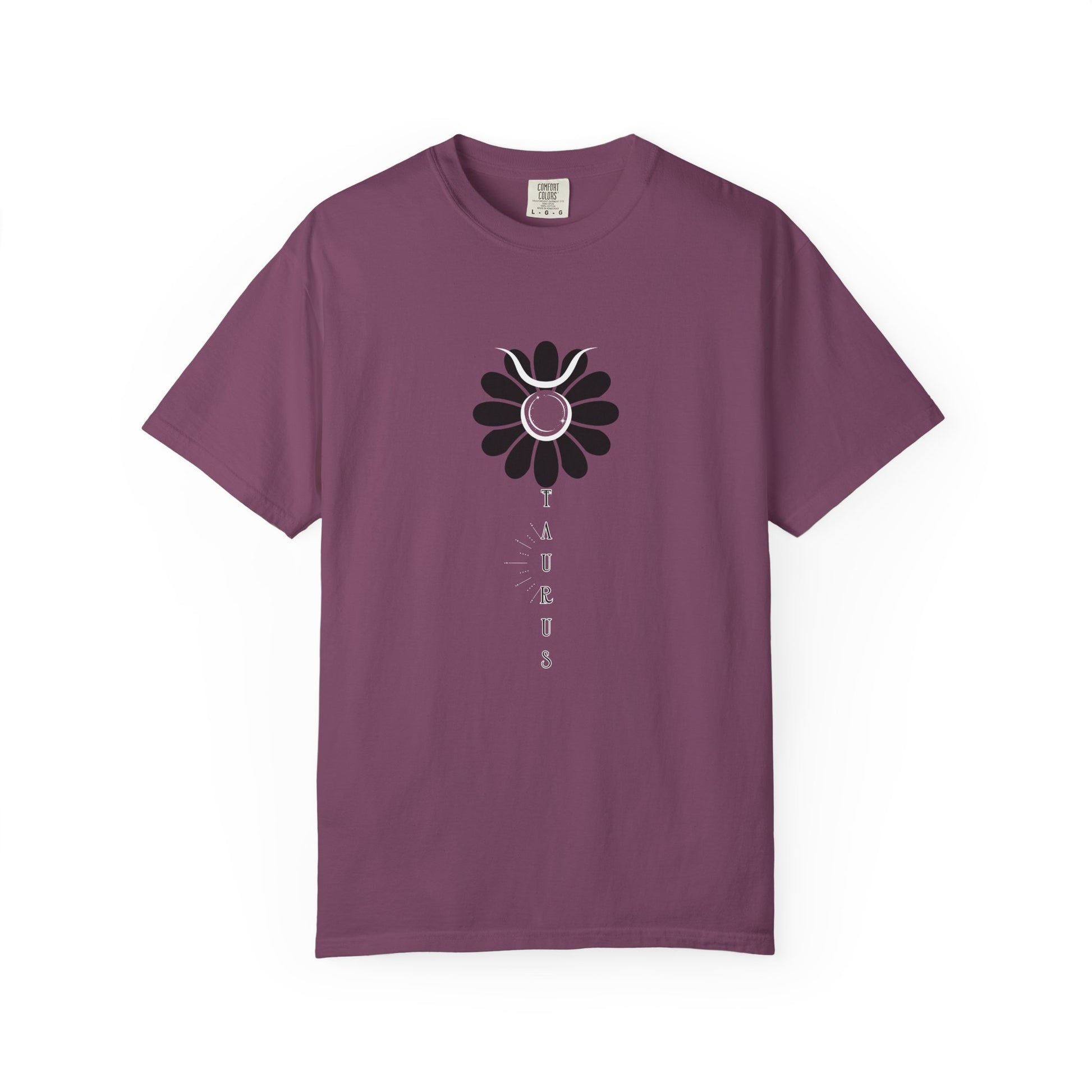 berry comfort colors t-shirt with black sunflower design and 'Taurus' text. 