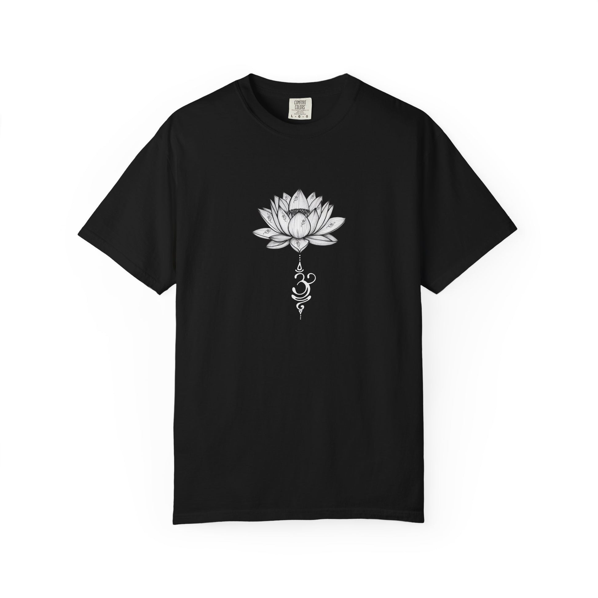 black comfort colors t-shirt with lotus flower and Om symbol design. 