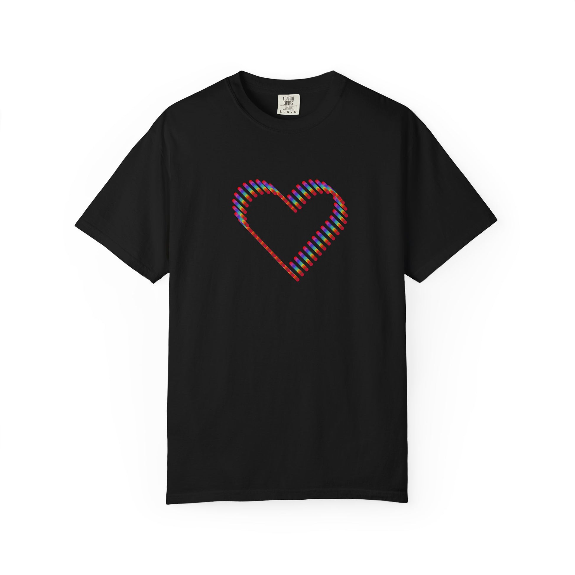 black comfort colors t-shirt with a colorful rainbow heart design. 