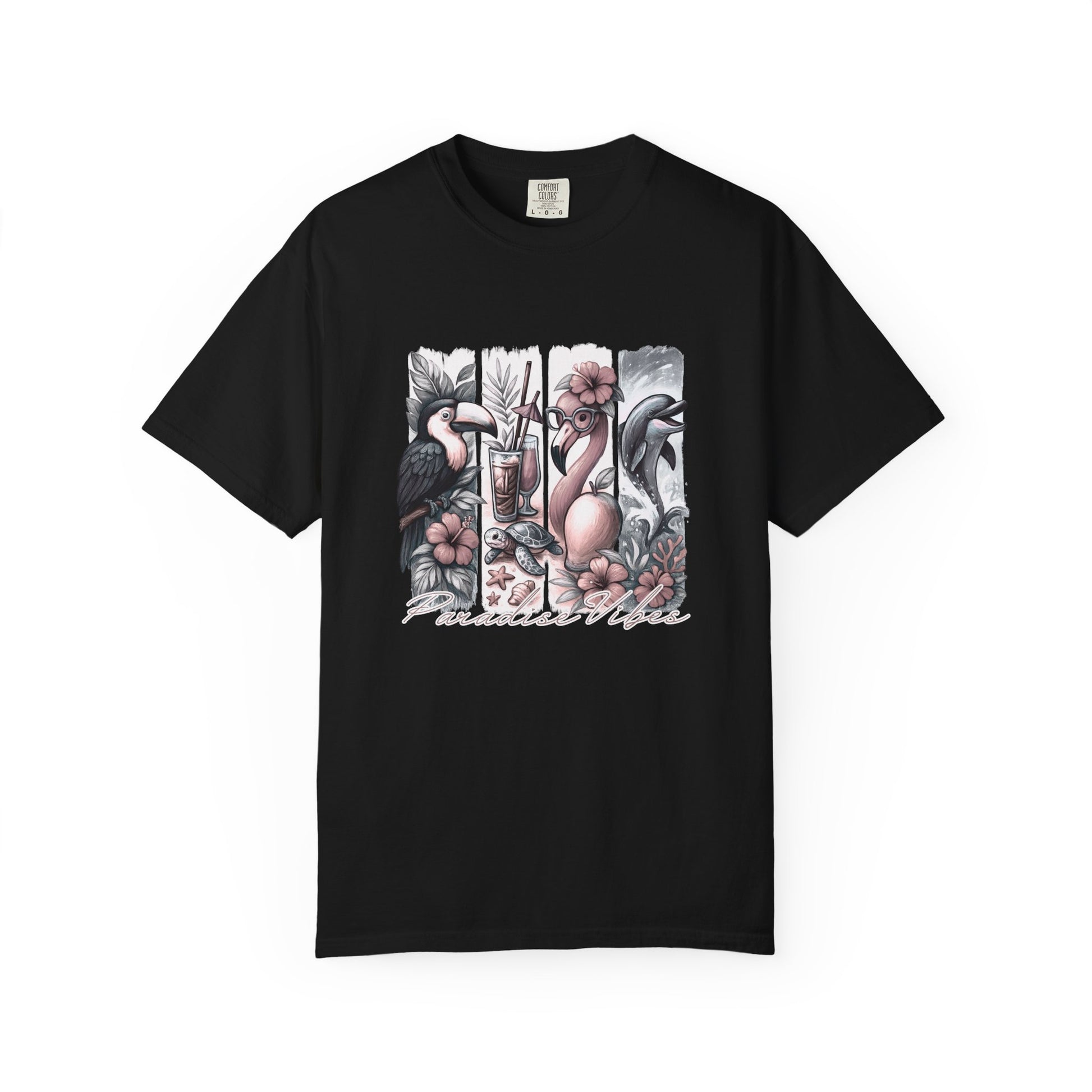 black comfort colors t-shirt with a flamingo, dauphin, parrot and tropical design along with the text 'Paradise Vibes'. 