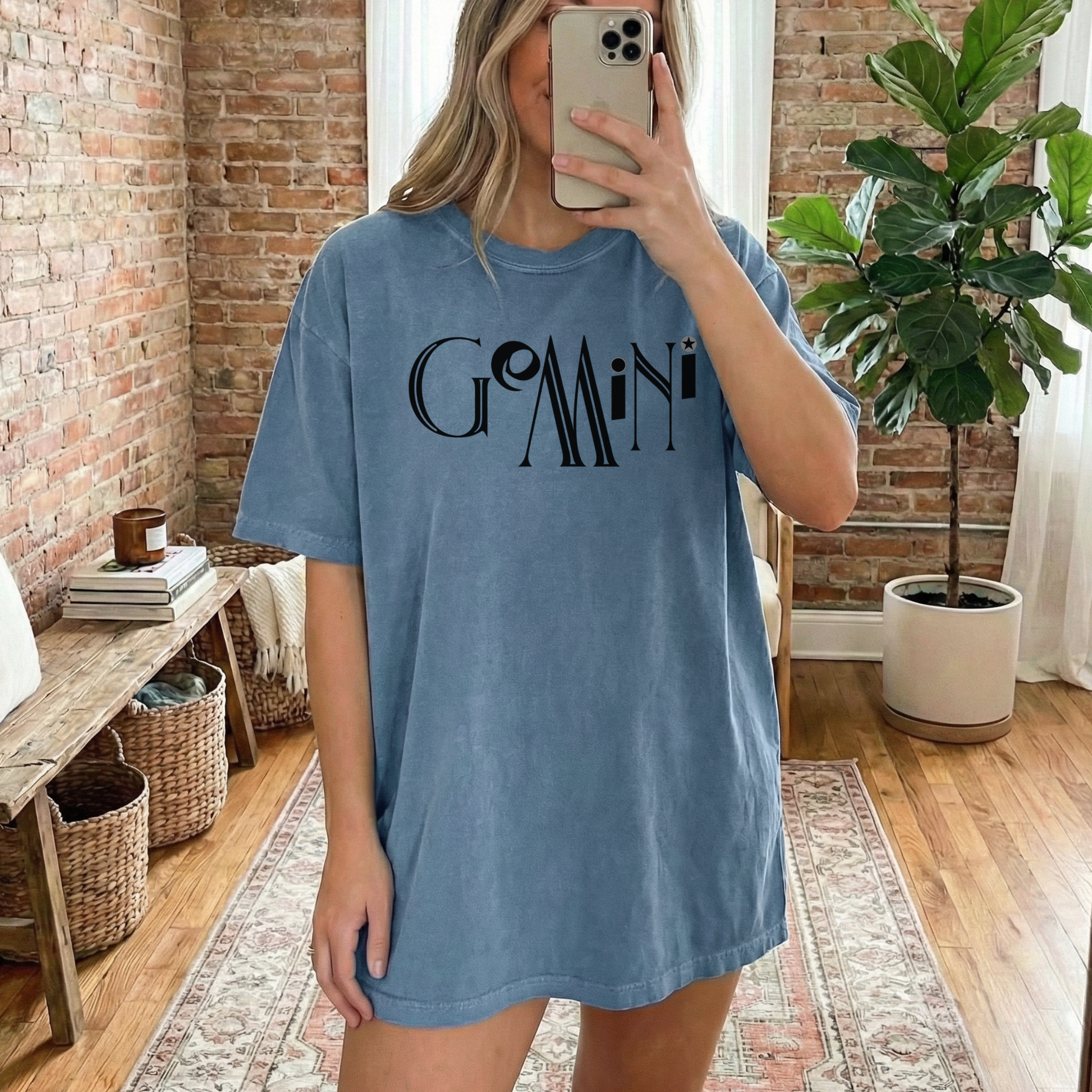 blue comfort colors t-shirt with 'GEMINI' text. 