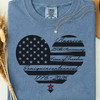 Blue comfort colors t-shirt with American flag design, 250th anniversary, years of freedom and 1776 text . 