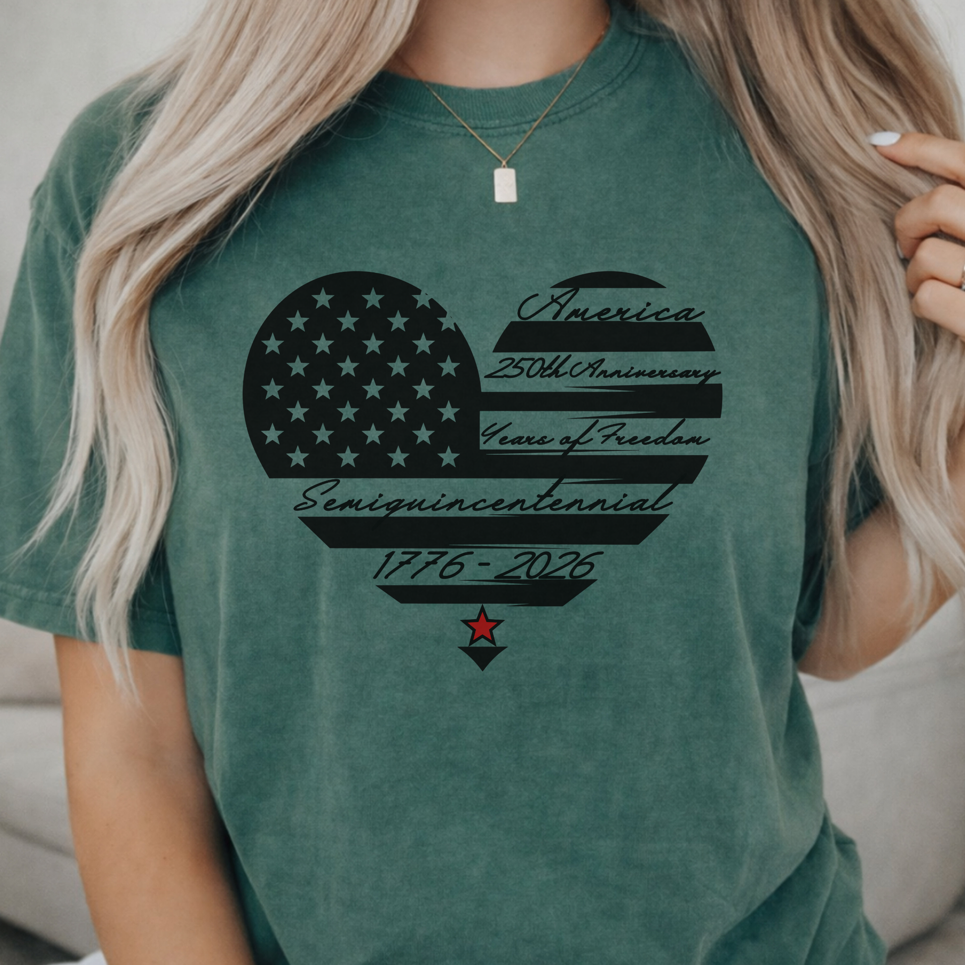 Green Blue spruce comfort colors t-shirt with American flag design, 250th anniversary, years of freedom and 1776 text . 