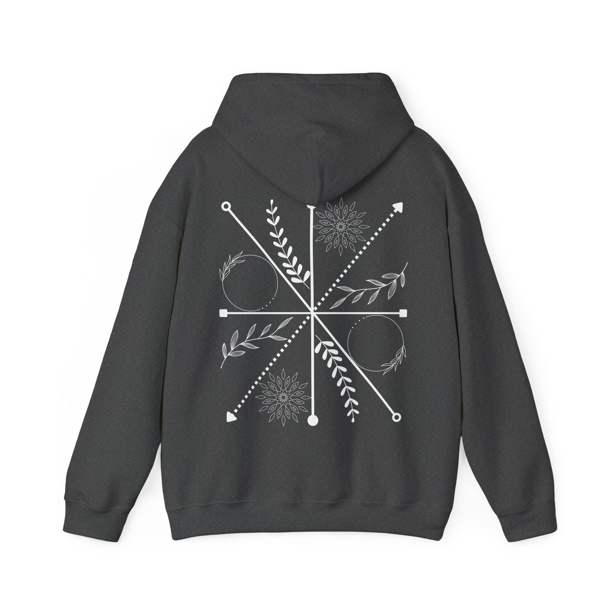 dark grey hoodie with white geometric and floral design on the back. 