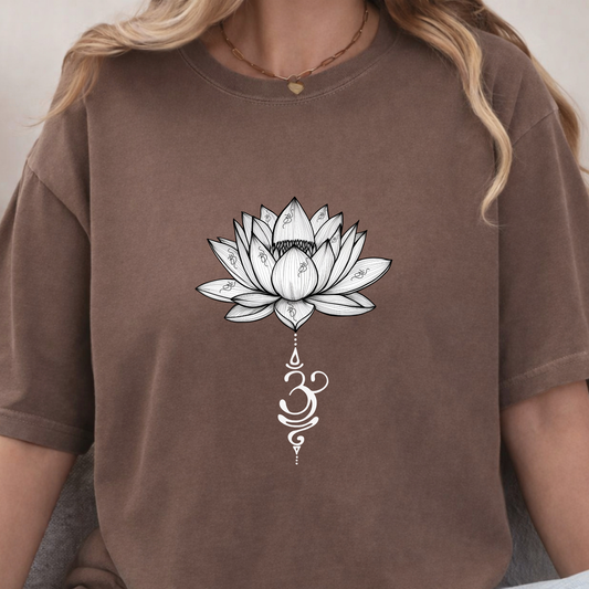 brown comfort colors t-shirt with lotus flower and Om symbol design. 
