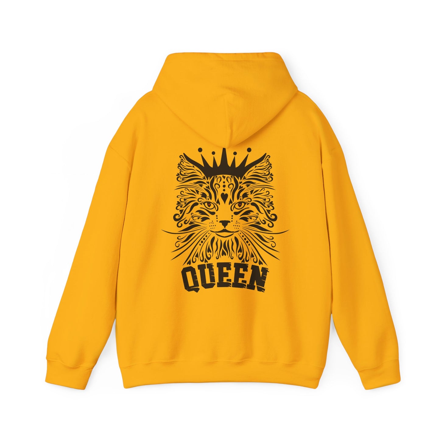 yellow orange hoodie with a black cat design and 'QUEEN' text on the back. 