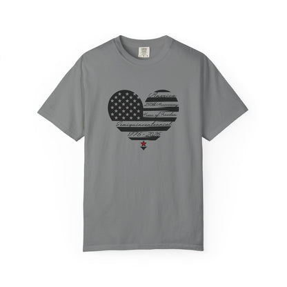 grey comfort colors t-shirt with American flag heart design, 250th anniversary, years of freedom and 1776 text . 