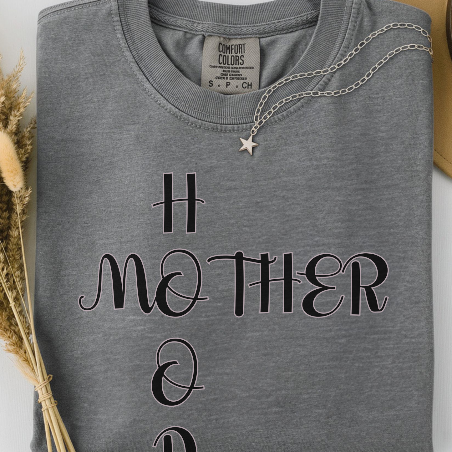 grey comfort colors t-shirt with  'MOTHERHOOD' text. 