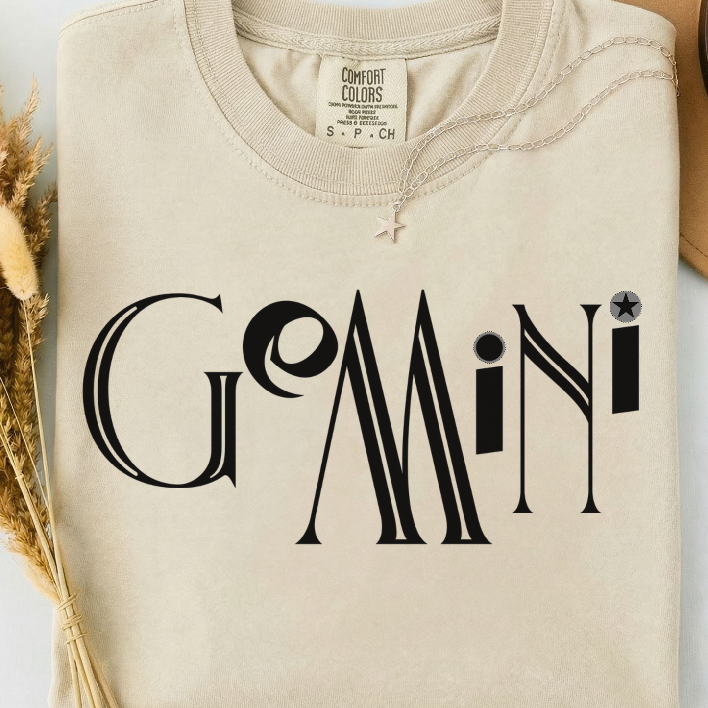 Beige comfort colors t-shirt with 'GEMINI' text. 