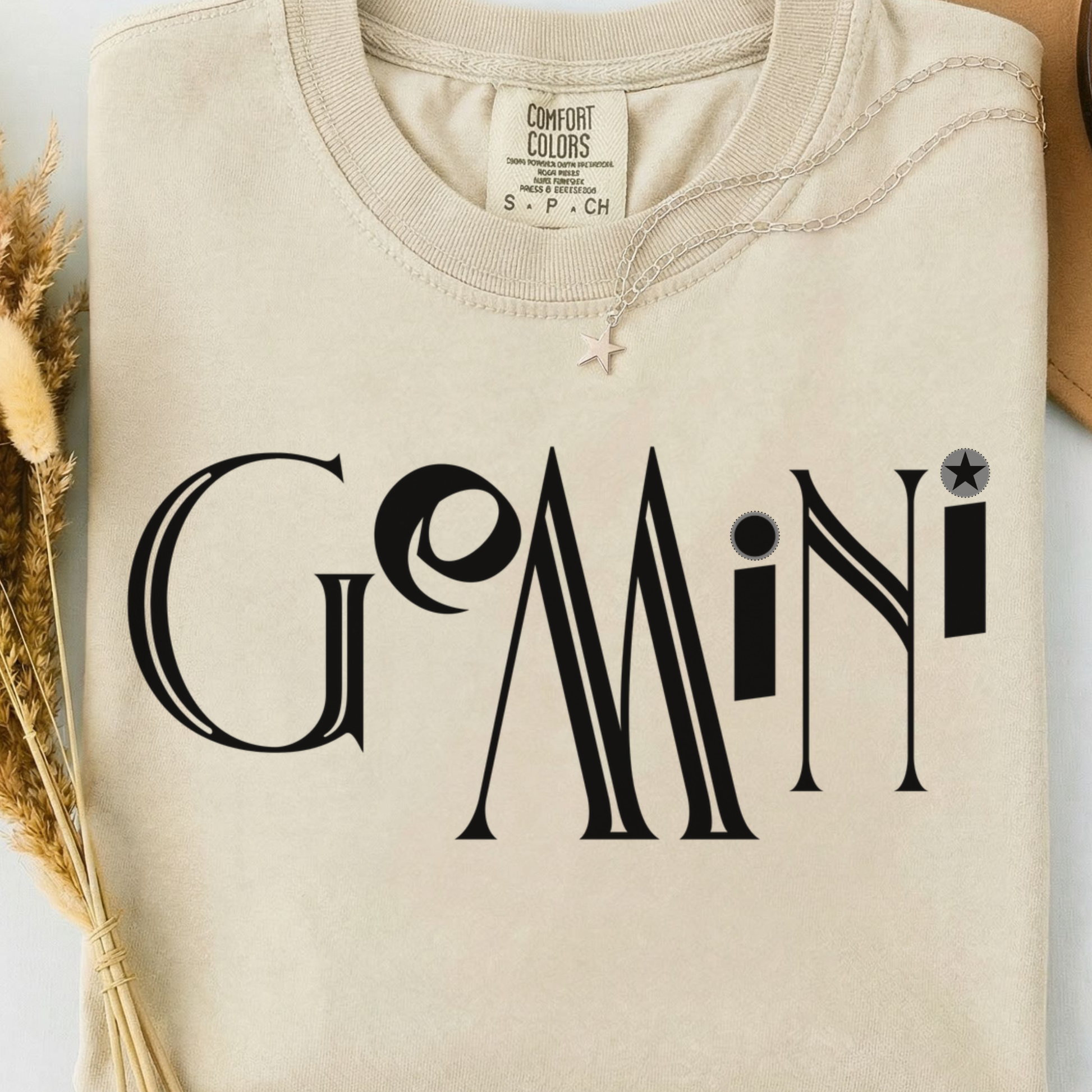 Beige comfort colors t-shirt with 'GEMINI' text. 