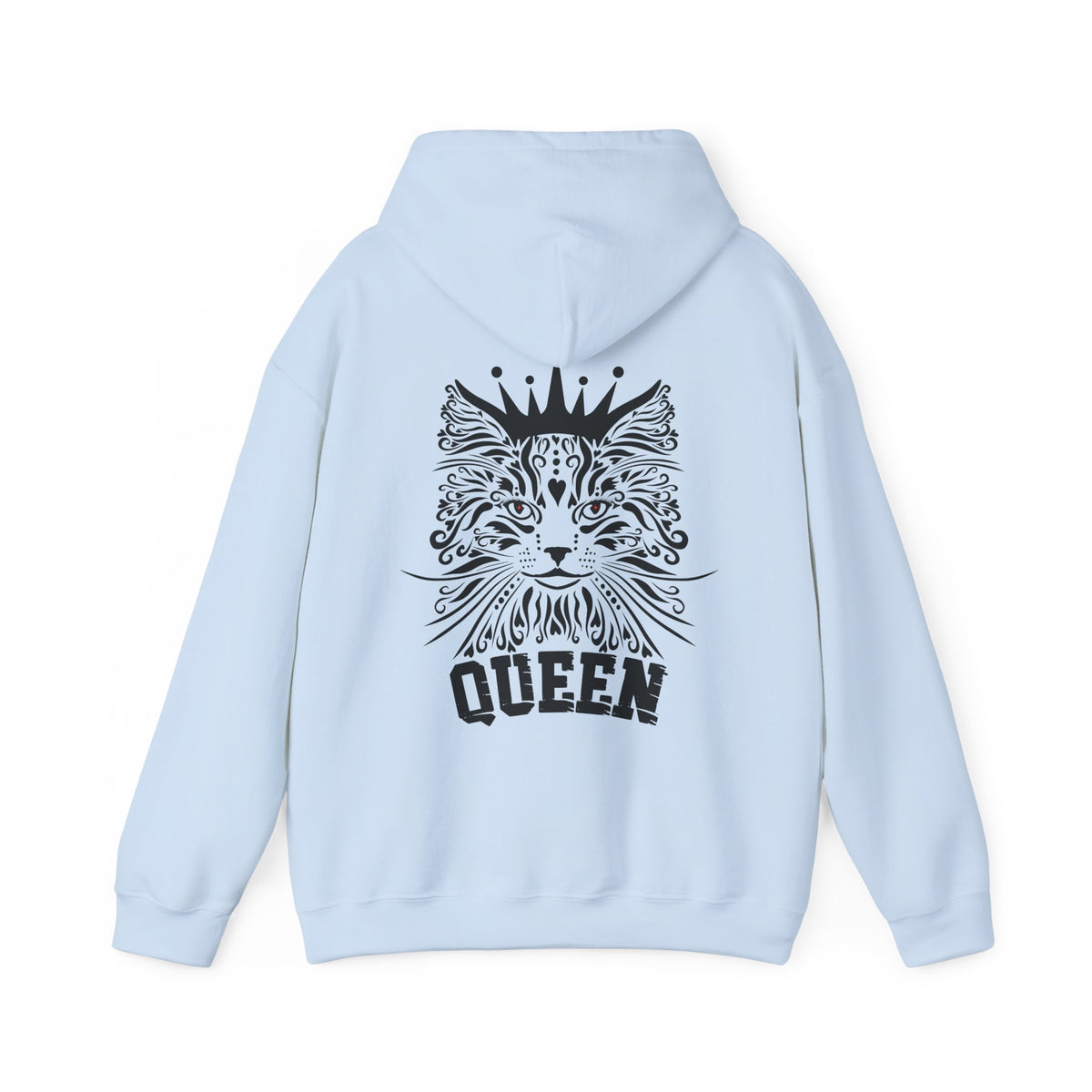 light blue hoodie with a black cat design and 'QUEEN' text on the back. 
