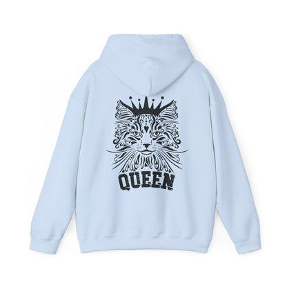 light blue hoodie with a black cat design and 'QUEEN' text on the back. 