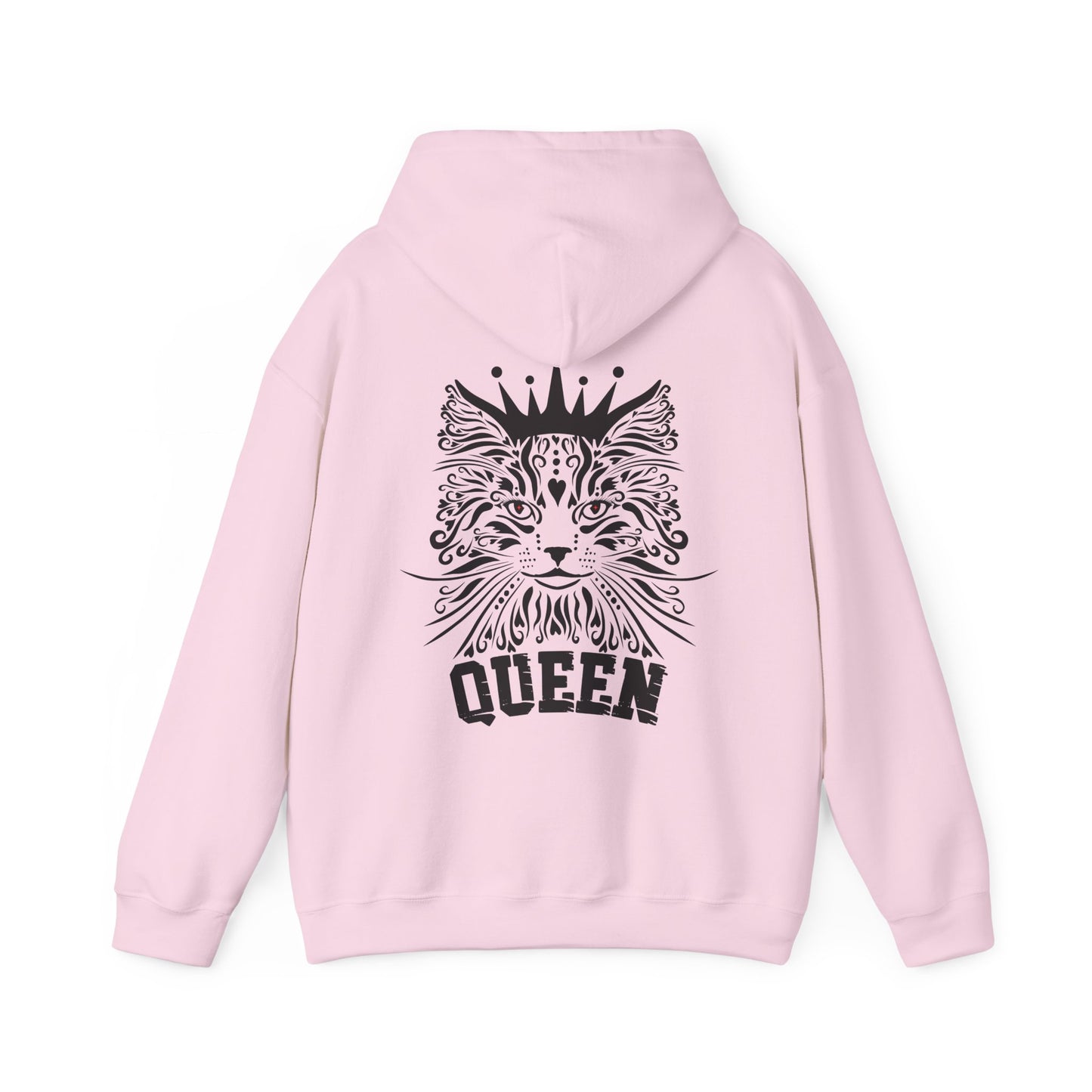 light pink hoodie with a black cat design and 'QUEEN' text on the back. 