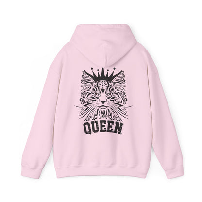 light pink hoodie with a black cat design and 'QUEEN' text on the back. 