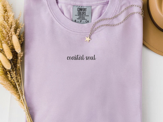 orchid comfort colors t-shirt with a minimalist 'Coastal Soul' text on the front.