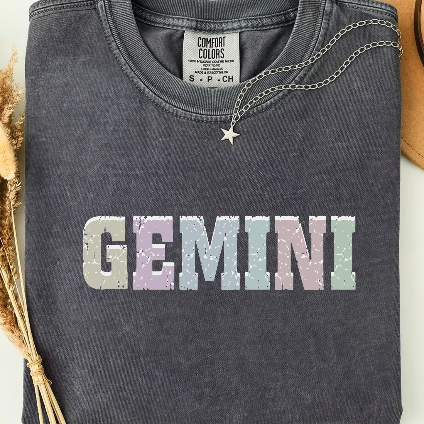 pepper comfort colors t-shirt with 'GEMINI' printed in pastel colors. 