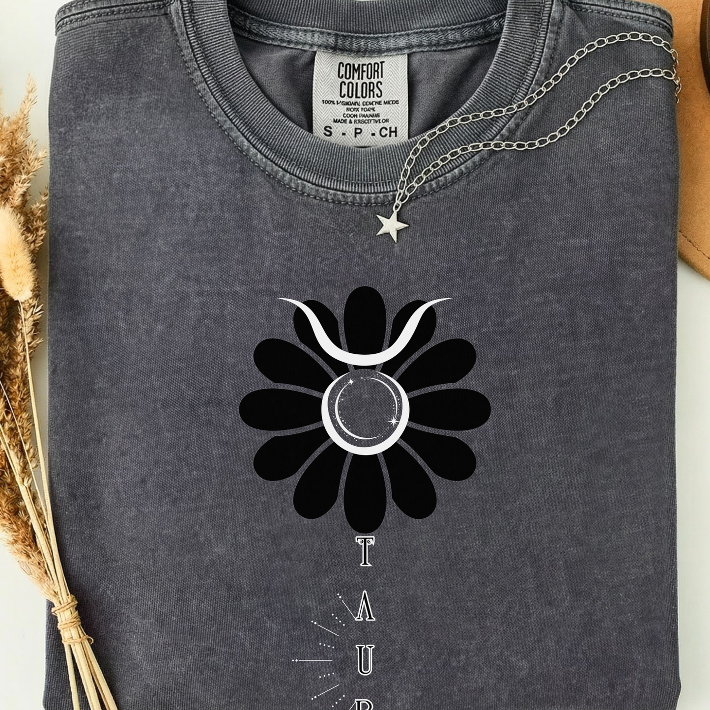 pepper comfort colors t-shirt with black sunflower design and 'Taurus' text. 