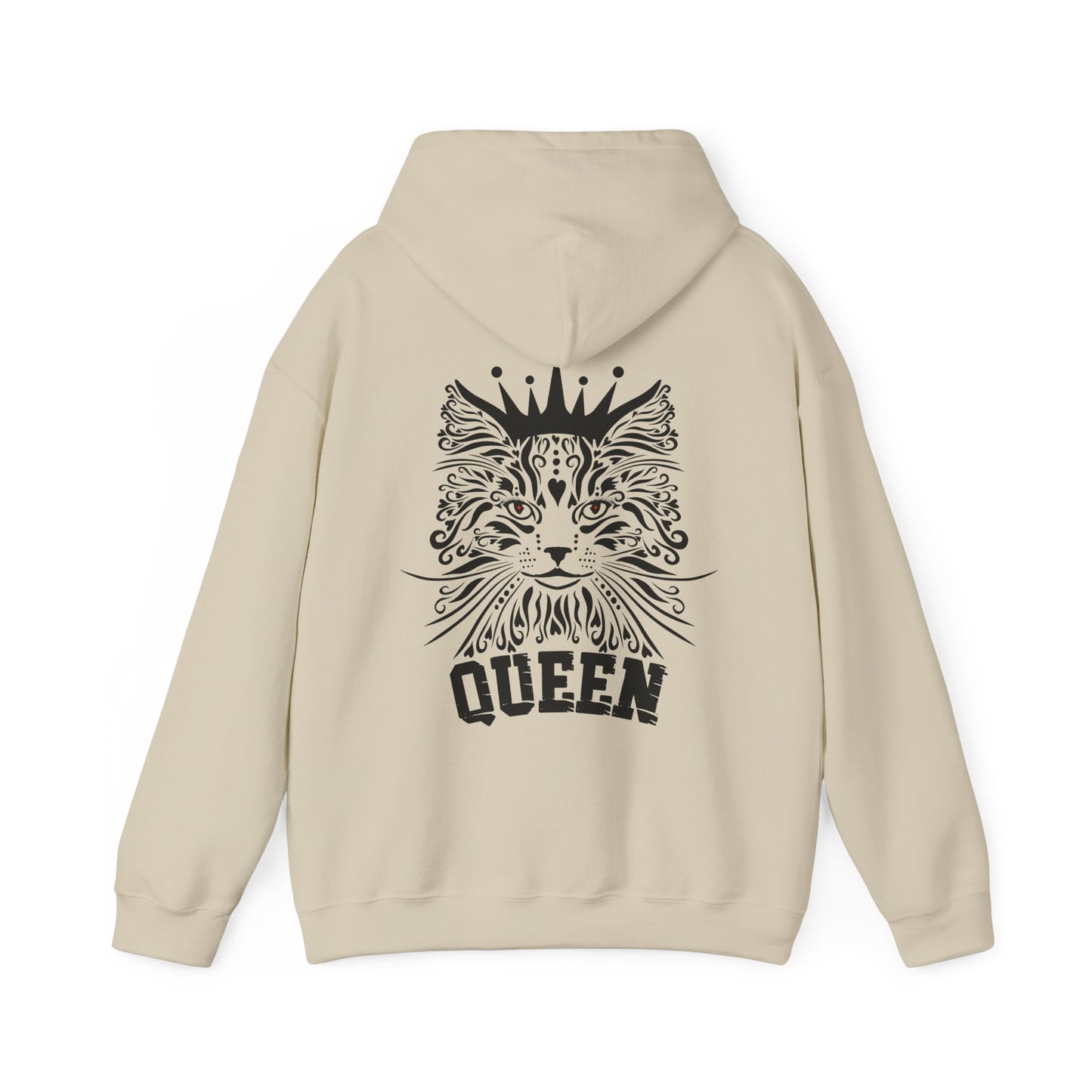 beige hoodie with a black cat design and 'QUEEN' text on the back. 