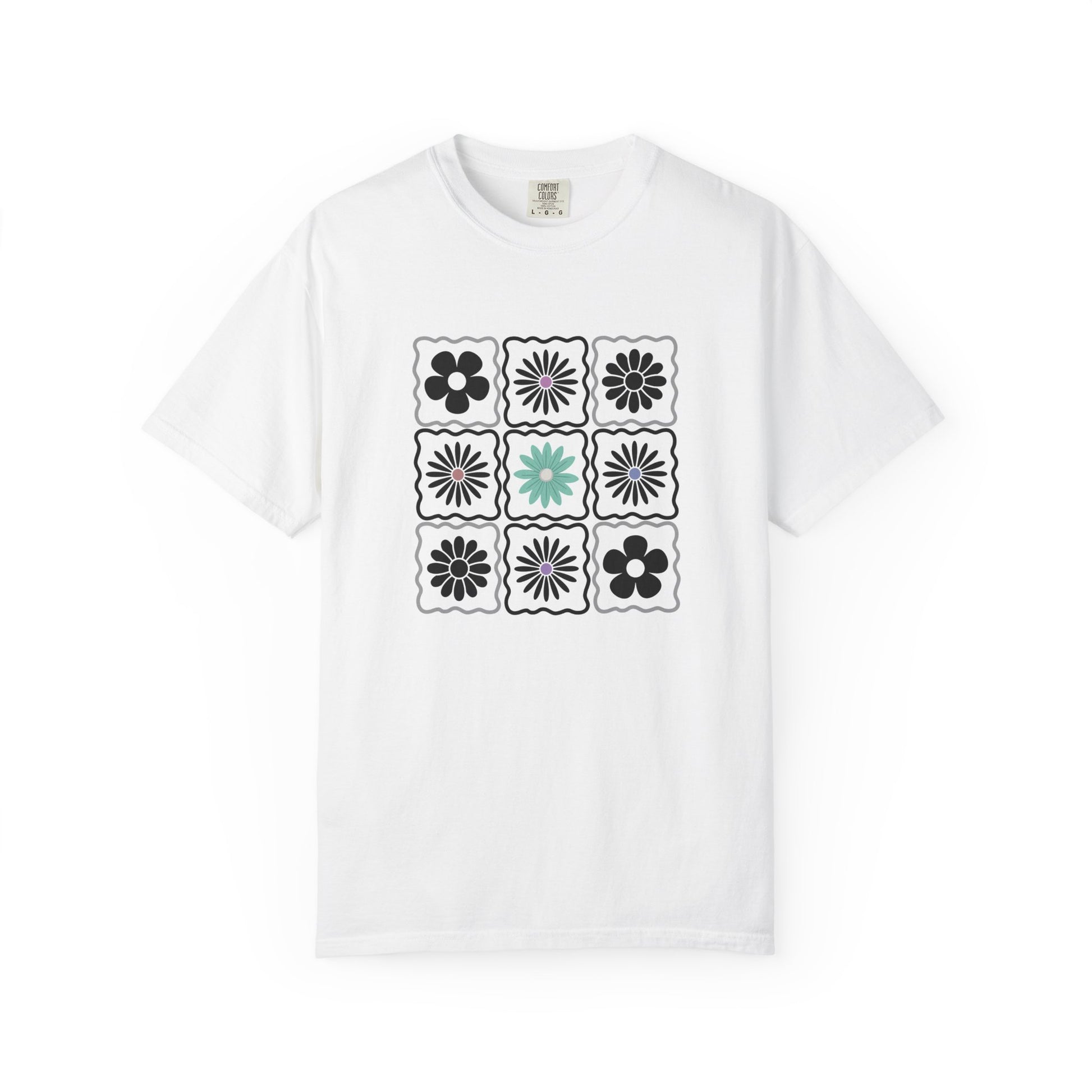 white comfort colors t-shirt with floral pattern design. 