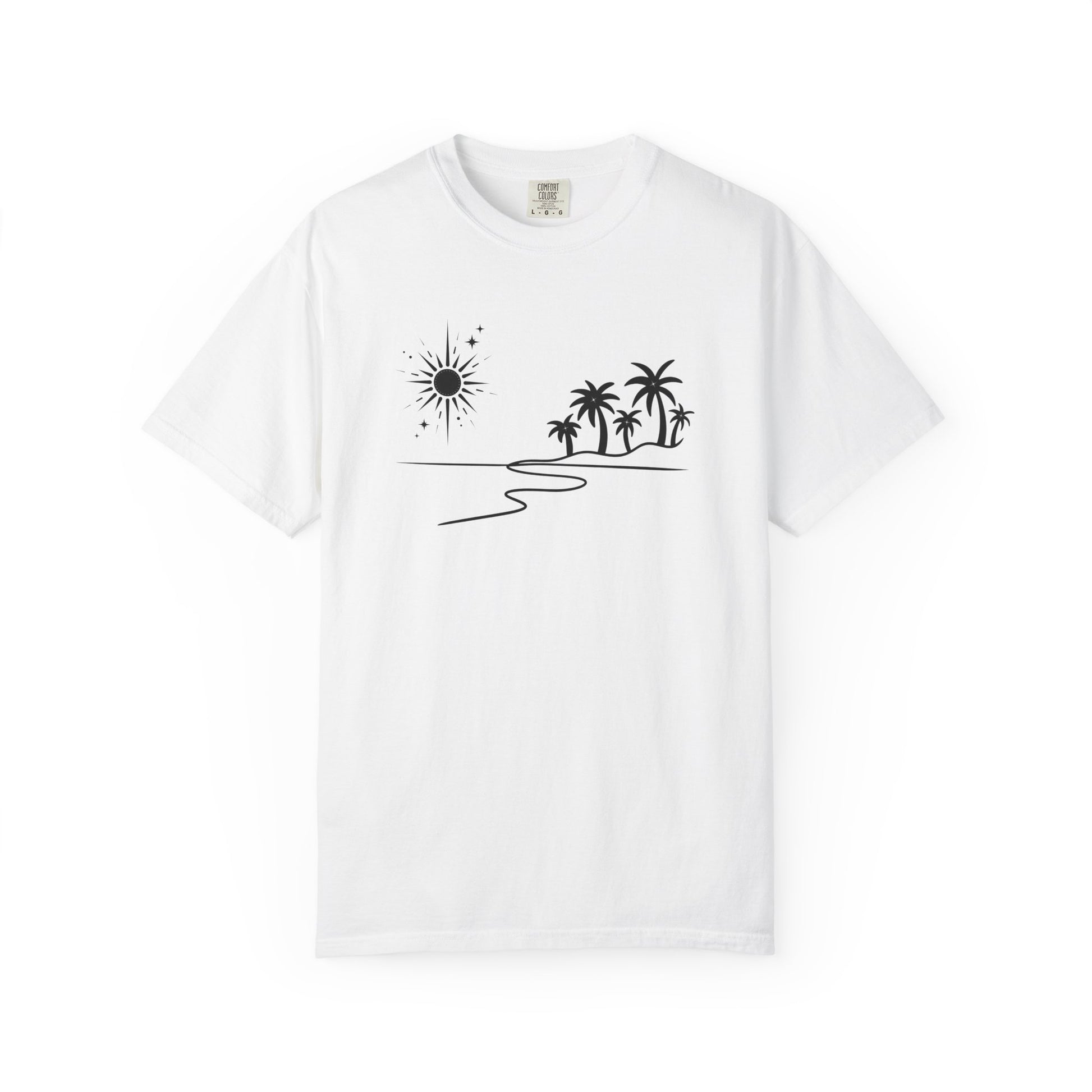 white comfort colors t-shirt with beach, sunset, celestial and palm trees design. 