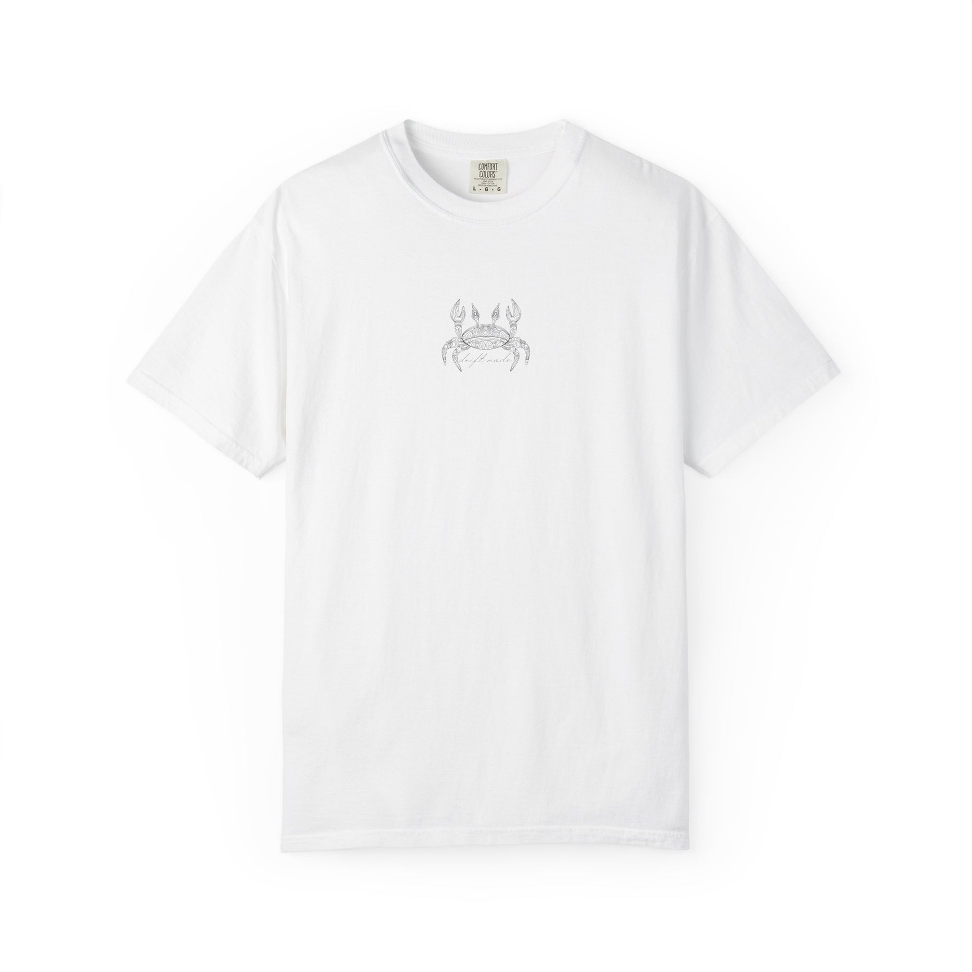 white comfort colors t-shirt with a crab line art design alone with a minimalist 'drift mode' text. 
