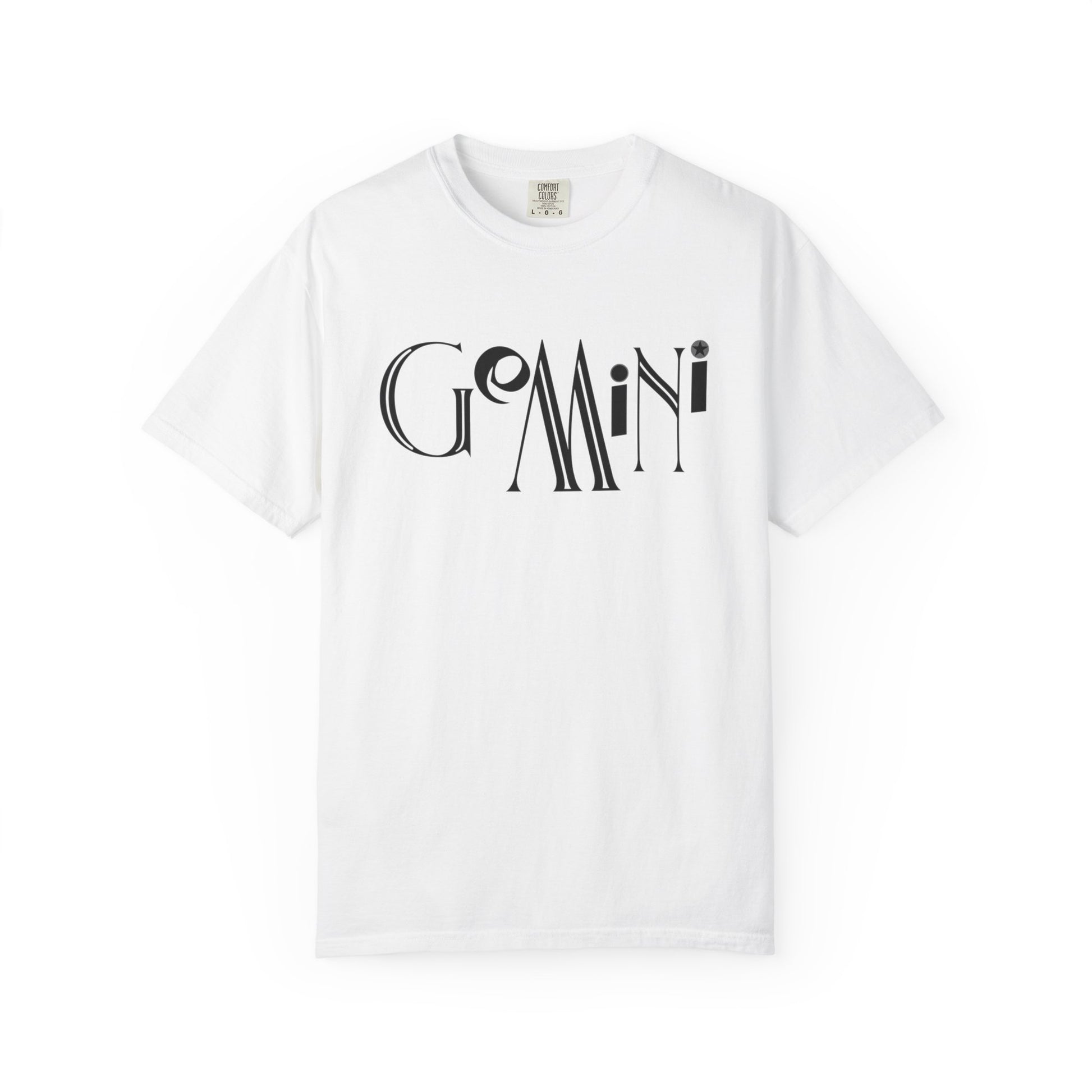 white comfort colors t-shirt with 'GEMINI' text. 