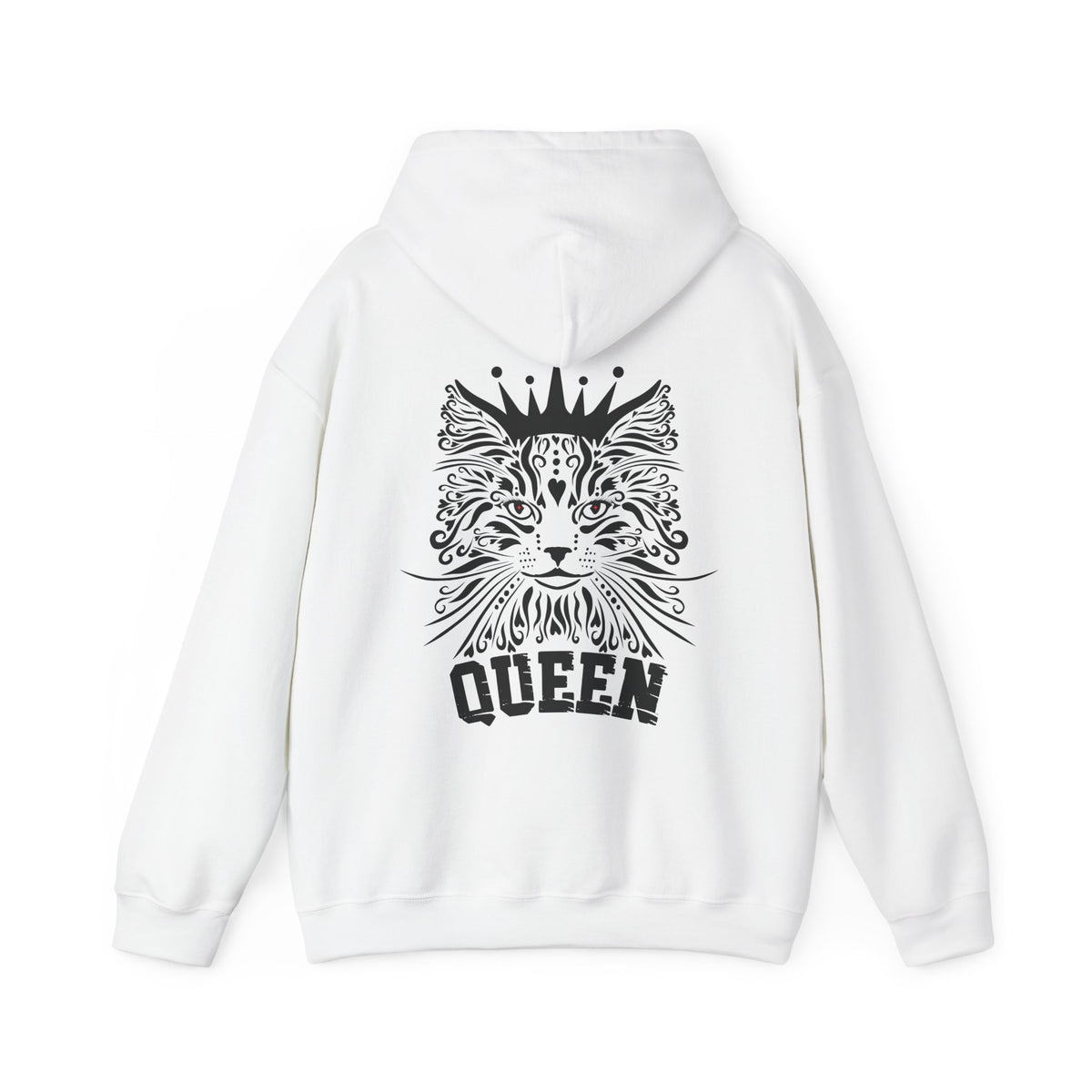 white hoodie with a black cat design and 'QUEEN' text on the back. 
